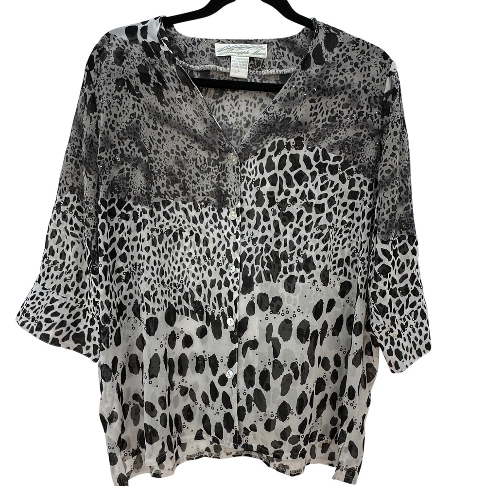 Pineapple Moon Womens Animal Print‎ Sheer Button Down Top Size L Black Gray